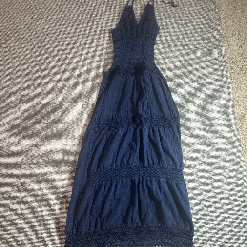 Spice Navy Blue Cotton Smocked Halter Maxi Dress Tiered Crochet Detail Size M